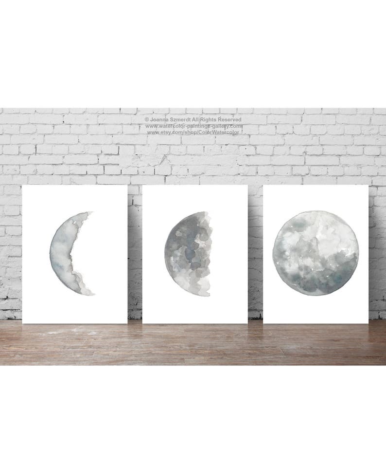 Canvas Moon set 3 Moon Phase Art Prints, Gray Silver Blue Illustration Phases of the Moon Halloween Wall Art Full Moon Drawing Wall Decor image 2