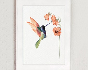 Hummingbird Wall Art, Hummingbird Art Print, Orange Hummingbird, Colorful Bird Painting, Hummingbird Prints, Hummingbird PosterPainting