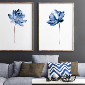 Lotus Print Wall Art, Lotus Set of 2 Flowers, Blue Print Painting, Water Flower Canvas Art Print Watercolor Painting image 5