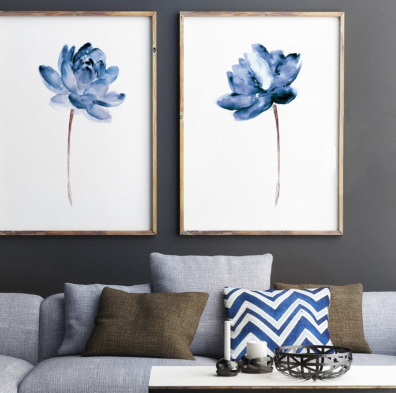 Lotus Print Wall Art, Lotus Set of 2 Flowers, Blue Print Painting, Water Flower Canvas Art Print Watercolor Painting image 5