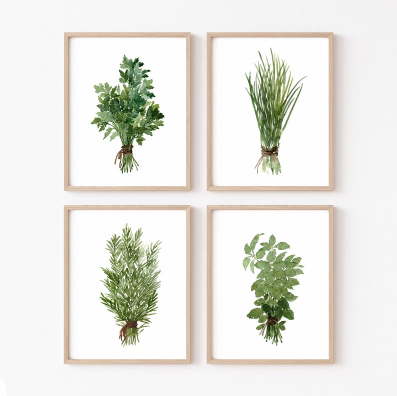 Herb Wall Art Set of 4, Watercolor Herb Prints, Kitchen Botanical ...