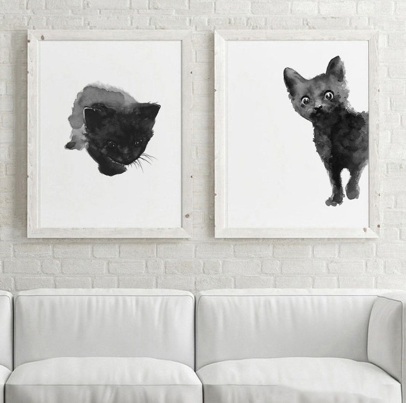 Black Cat Art, Black Cat Print, Abstract Cat Art, set of 2 Cats, Minimalist Poster Nursery Room Decor, Black Cat Painting, Cat Gifts image 6