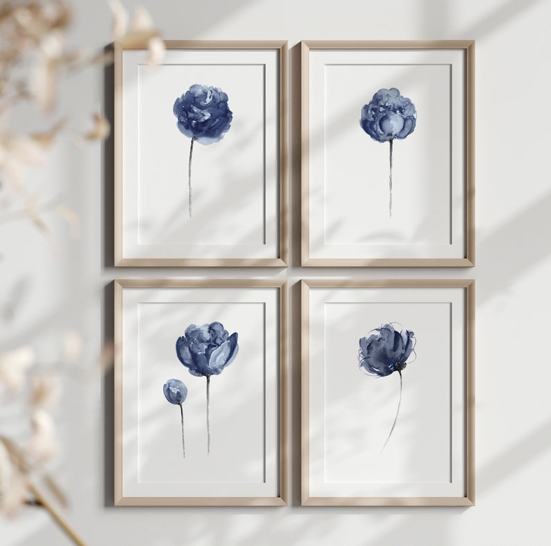 Navy Blue Peony Wall Art set of 4 image 4