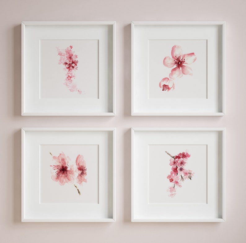 Cherry Blossom Art Print, Cherry Blossom Painting, Cherry Blossom Wall Art, Pink Cherry Blossom Flower set of 4 Prints Mothers DayPainting image 4
