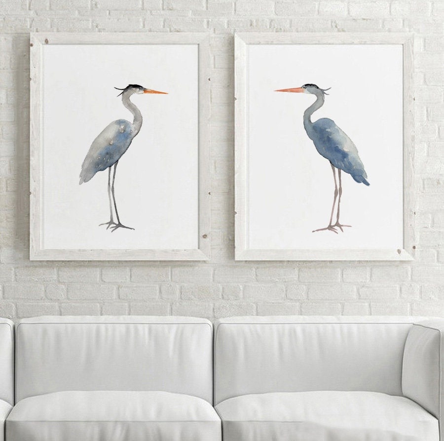 Heron Wall Art, Heron Print, Heron Art, Blue Heron set of 2 Birds, Egret Print Painting Lake Bird Print, Bird Art Print