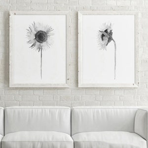Impresión de arte de girasol, conjunto de girasol de 2, ilustración floral en blanco negro, pintura de acuarela de arte de pared con estampado de flores grises