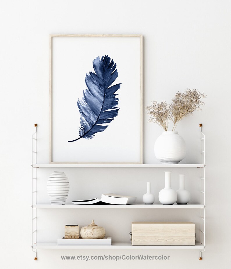 Feather Painting Navy Blue Watercolor Feather Decoration Etsy