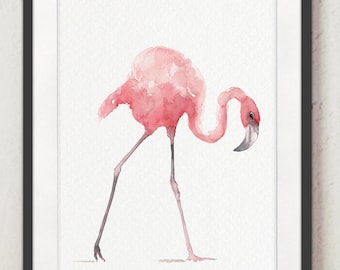 Pintura de acuarela de flamenco rosa: Impresión artística de guardería tropical