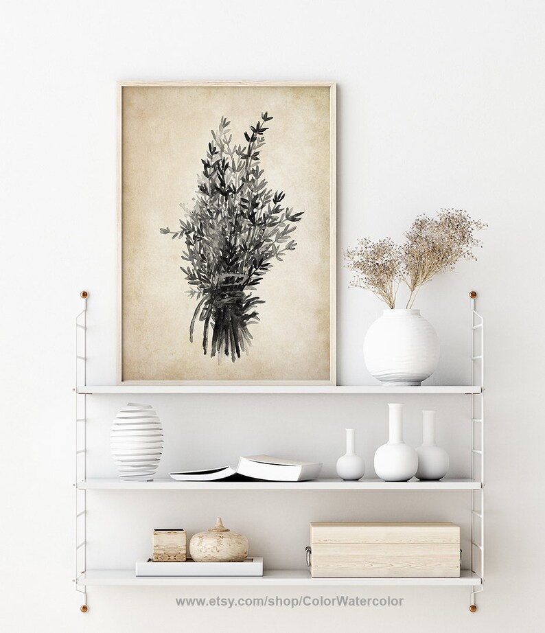 Thyme Painting Thyme Decor Thyme Kitchen Art Grey Botanical Etsy