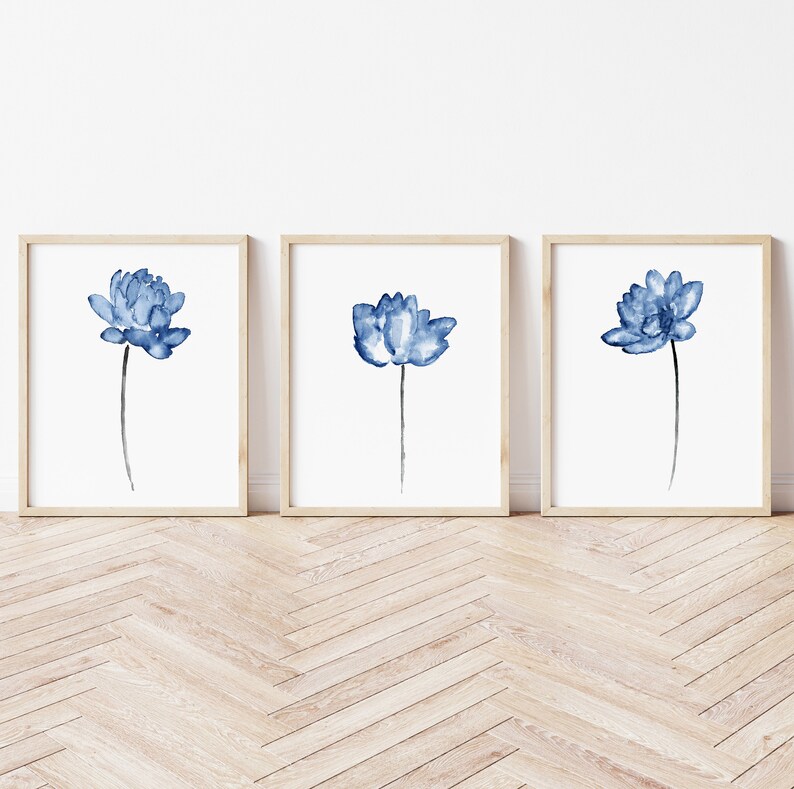 Lotus Painting, Blue Flower Watercolor, Minimalist Wall Decor, Modern Wall Art Abstract Painting Living Room Botanical Art Print set of 3 image 6