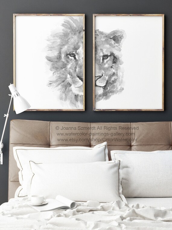 Lowen Lioness Zodiac Drawing Black White Illustration Animal Art Print Africa Head Nursery Kids Room Decor Bedroom Poster Set 2 Him Her