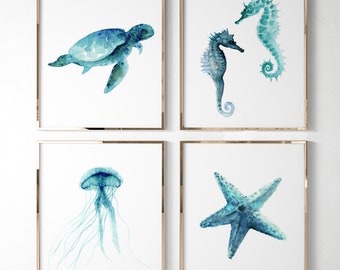 Oceanic Watercolor Art Print Set: Sea Turtle, Seahorse, Jellyfish, Starfish