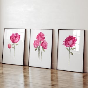 Pink Peony Painting Floral Wall Art, Watercolor Flower Botanical Decor, Living Room Poster set of 3 Prints, Peony Watercolor