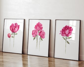 Pink Peony Painting Floral Wall Art, Watercolor Flower Botanical Decor, Living Room Poster set of 3 Prints, Peony Watercolor