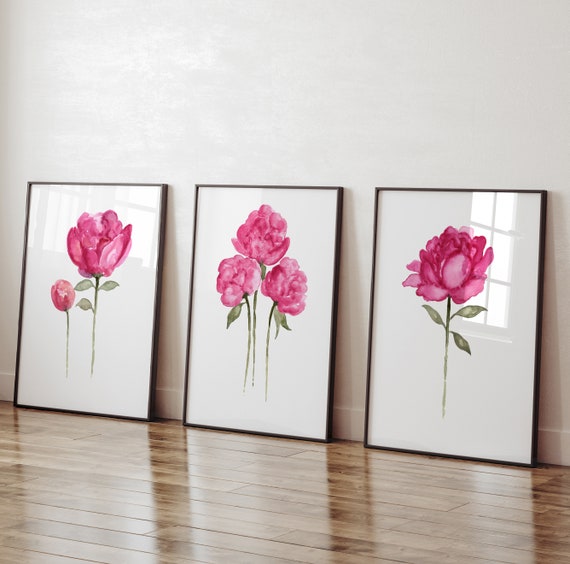 Rosa Pfingstrose Malerei Blumenwandkunst, Aquarell Blume Botanisches Dekor,  Wohnzimmer Poster Set von 3 Drucken, Pfingstrose Aquarell