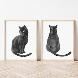 Black Cat Watercolor, Whimsy Cat Painting, Kids Room Art, set of 2 Extra Large Prints, Home & Living Wall Art, Cat Illustration Modern Gray