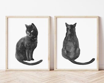 Aquarelle de chat noir, peinture chat fantaisiste, oeuvre d'art pour chambre d'enfant, lot de 2 très grandes impressions, oeuvre d'art murale maison et salon, illustration de chat gris moderne