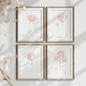 Conjunto de 4 peonías con estampado de flores en tonos pastel suaves, gris melocotón, rosa ruborizado y coral, decoración de guardería con ilustración floral