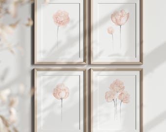 Peony Flower set 4 Peonies Soft Peach Grey Light Pastel Print Wall Art, Blush Pink Coral Art Print, Floral Illustration Nursery Decor