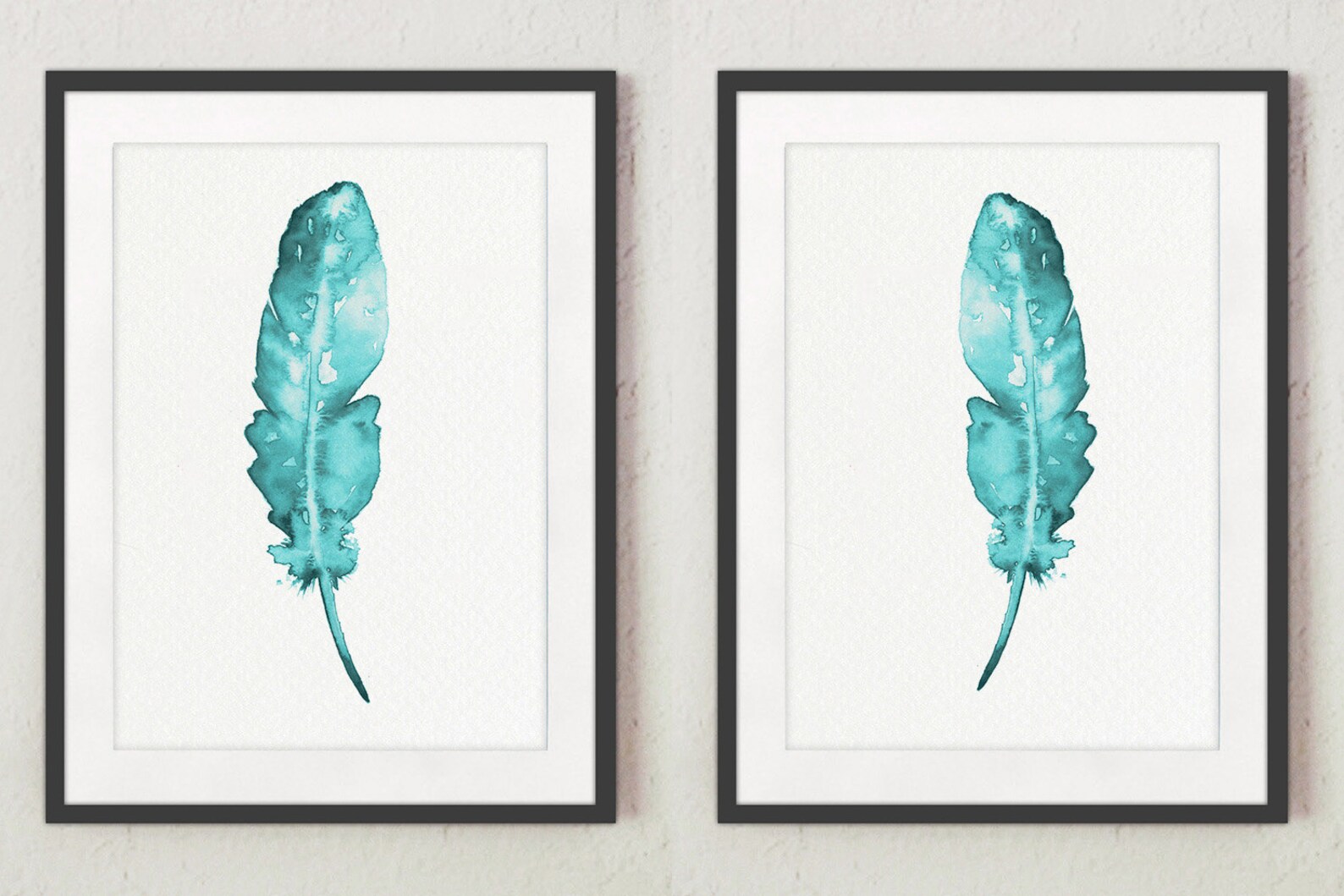 Set of 2 Feathers Wall Decor Teal Art Print Two Posters Etsy