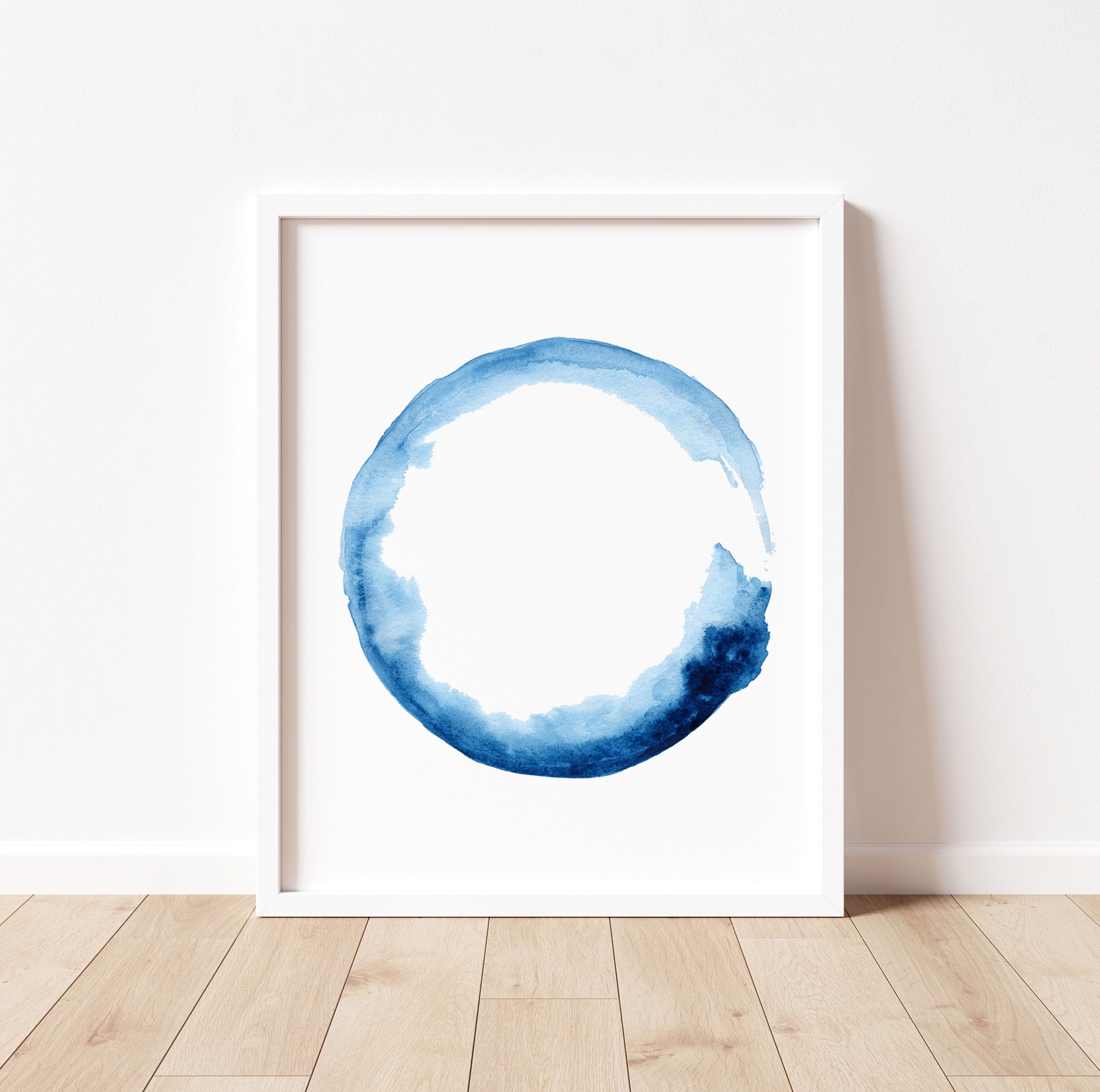 Zen Circle Artwork Enso Wave Painting Blue Watercolor