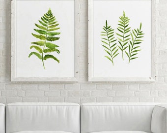 Green Leaves Fern Set of 2 Botanical Art Print, Kitchen Print Nature Poster, Print Wall Art Floral Decor, Abstract Flowers Illustration