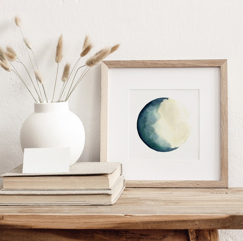 Moon Print Wall Art, Moon Art Print, Moon Phases Gifts Painting, Blue Crescent Moon Art, Abstract Turquoise Luna Astrology Prints image 4