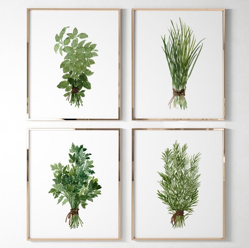 Herb Wall Art Set of 4, Watercolor Herb Prints, Kitchen Botanical ...