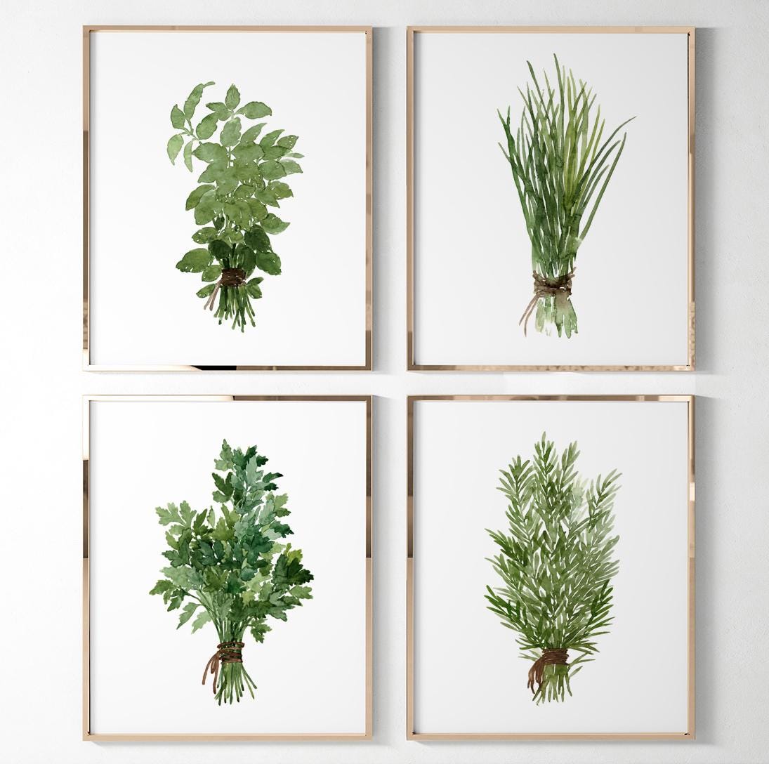 Herb Wall Art Set of 4, Watercolor Herb Prints, Kitchen Botanical ...
