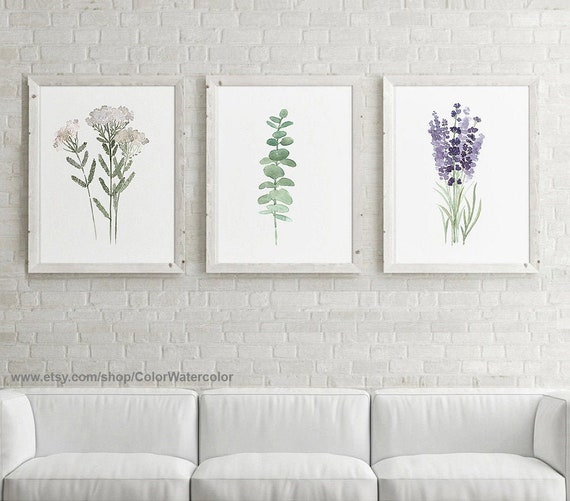 Yarrow Flower, Eucalyptus Plant, Eucalyptus Wall Art, Eucalyptus Print, Lavender Gifts, Lavender Poster Kitchen Wall Decor, 3 Piece Wall Art