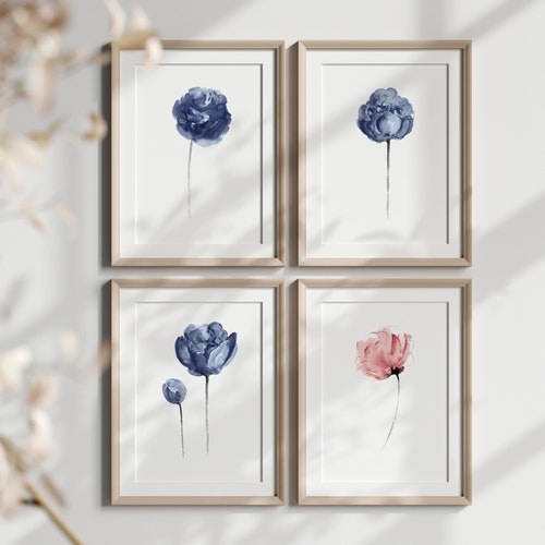Navy Blue Peony Flowers Set, 4 Abstract Peonies Print Wall Art, Baby Pink Wall Decor, Midnight Blue shops Flower Art Print, Kids Nursery Room