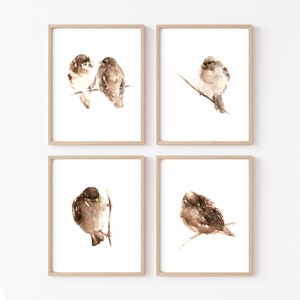 set di 4 stampe di uccelli, arte della parete del passero, decorazione della parete degli uccelli, poster di uccelli marroni, arredamento minimalista per la casa, pittura ad acquerello di uccelli arte astratta