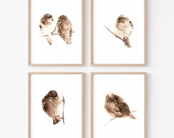 Sparrow Watercolor Print Set: Minimalist Brown Bird Wall Art