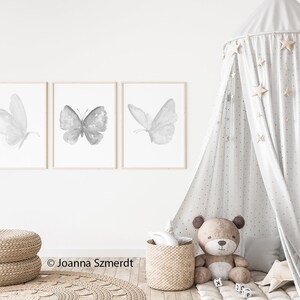 Butterfly Art Print, Butterfly Wall Art, Grey Butterfly Decor, Faux Silver Wall Art, Butterflies Poster, Butterfly Patch set of 3