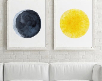 Moon and Sun set of 2 Prints Abstract Gifts Wall Art, Navy Blue Picture Bedroom Wall Decor, Yellow Gold Art Print Space Illustration
