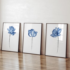 Lotus Painting, Blue Flower Watercolor, Minimalist Wall Decor, Modern Wall Art Abstract Painting Living Room Botanical Art Print set of 3 image 1