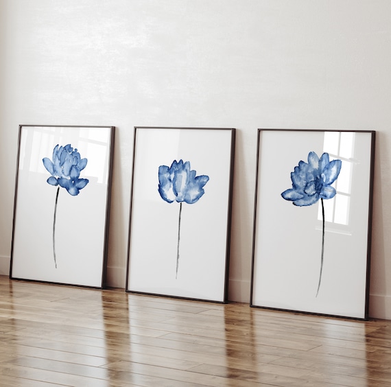 Lotus Painting, Blue Flower Watercolor, Minimalist Wall Decor, Modern Wall Art Abstract Painting Living Room Botanical Art Print set of 3
