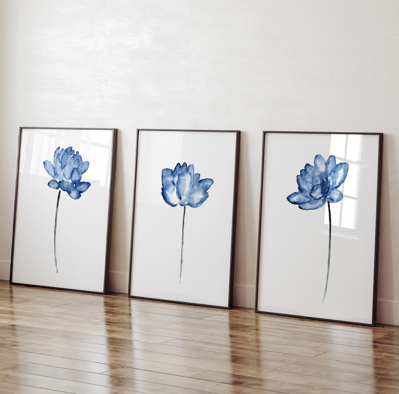 Lotus Painting, Blue Flower Watercolor, Minimalist Wall Decor, Modern Wall Art Abstract Painting Living Room Botanical Art Print set of 3 image 1