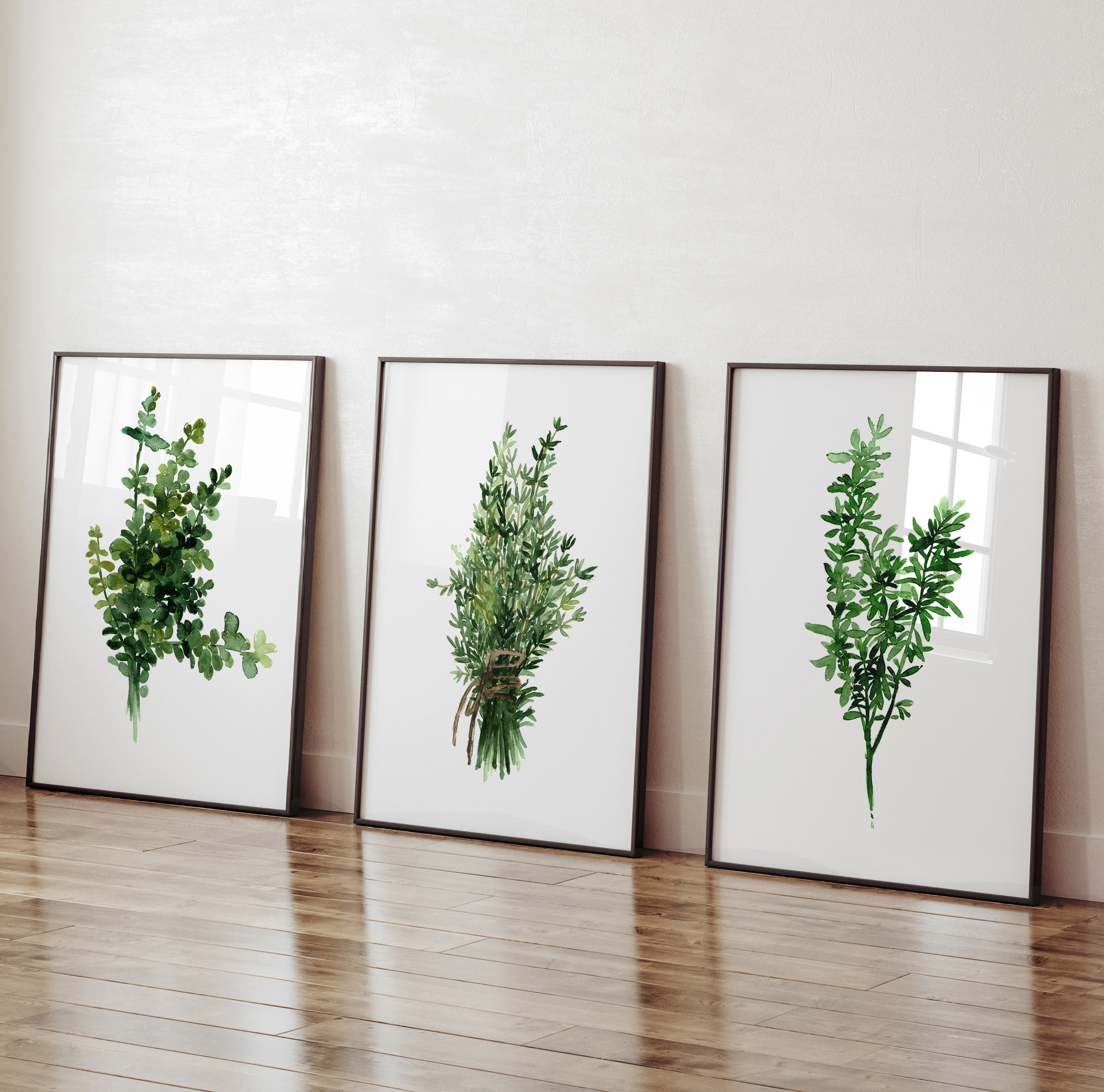 Kitchen Wall Art, Botanical Watercolor, Green Herb Painting, Modern ...