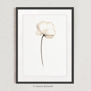 Flor de acuarela blanca, arte de pared abstracto, impresión de pintura de amapola, decoración de sala de estar, póster moderno, obra de arte extragrande, decoración de pared floral