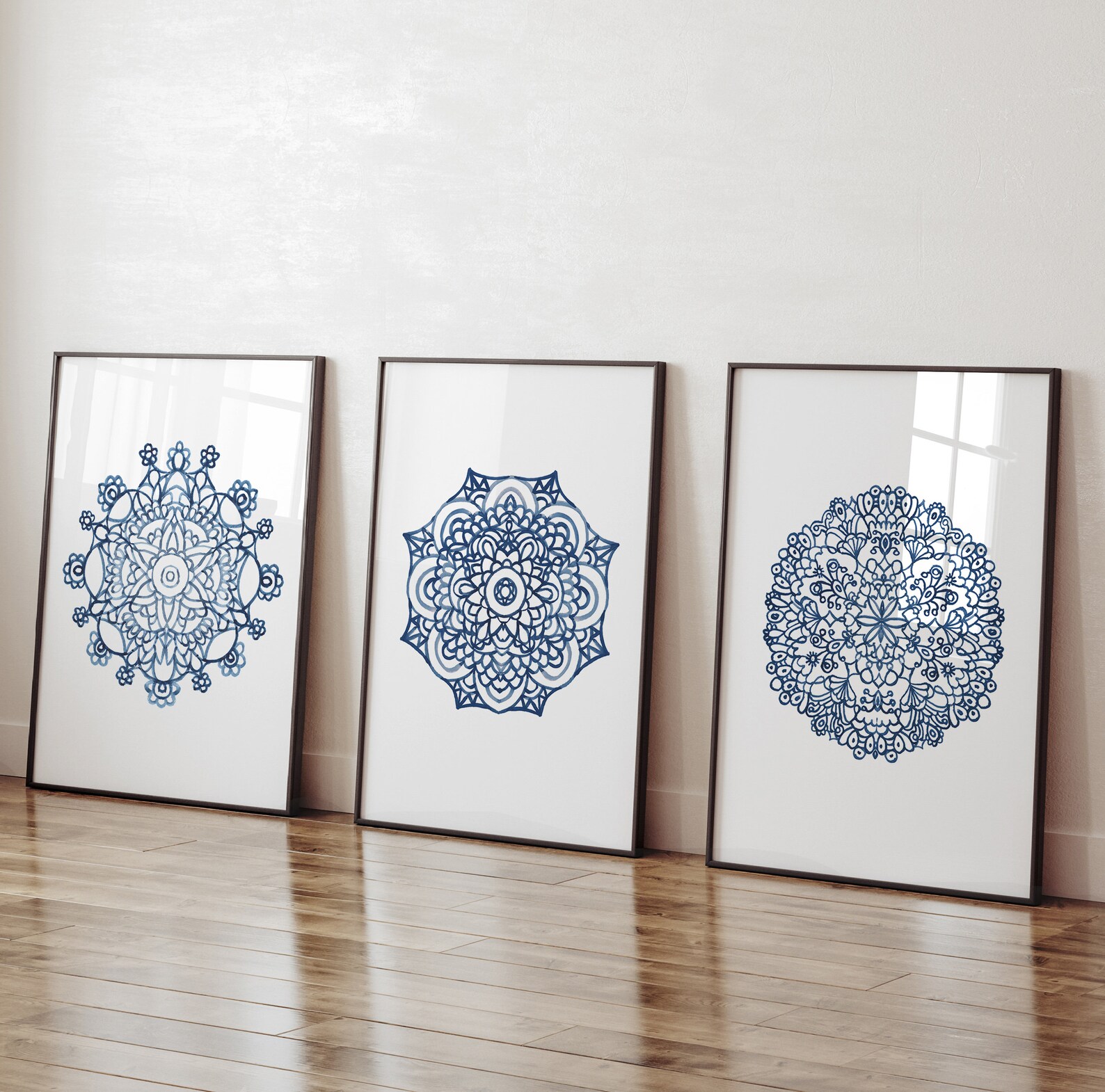 Mandala Wall Art Set of 3 Prints, Navy Blue Mandala Print Set of 3 ...