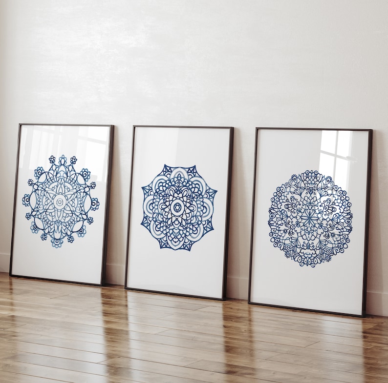 Mandala Wall Art Set of 3 Prints, Navy Blue Mandala Print Set of 3 ...