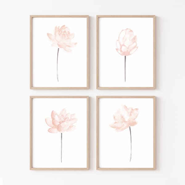 Lotus Watercolor Painting, set of 4 Blush Pink Art Prints, Lotus Flower Painting Living Room Decor Botanical Art Print Minimalist Painting
