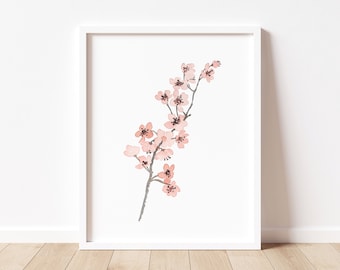 Cherry Blossom Painting, Nursery Wall Art, Blush Pink Flower Wall Decor, Minimalist Artwork Living Room Decor, Modern Watercolor Art Print