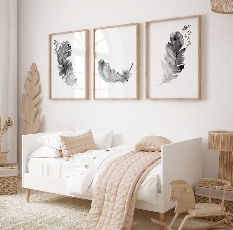 Feather Art Print, Grey Feather Painting, Birds Out of Feather Set of 3 ...