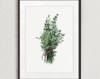 Thyme Bundle Print Wall Art, Thyme Botanical Prints, Green Herb Gifts Painting, Minimalist Kitchen Wall Decor, Herb Art Print