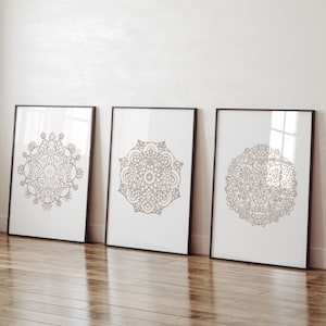 Mandala Wall Art, Gallery Wall set of 3 Mandala Art Prints, Mandala Illustration, Beige Wall Decor, Geometric Home Decor, Yoga Poster
