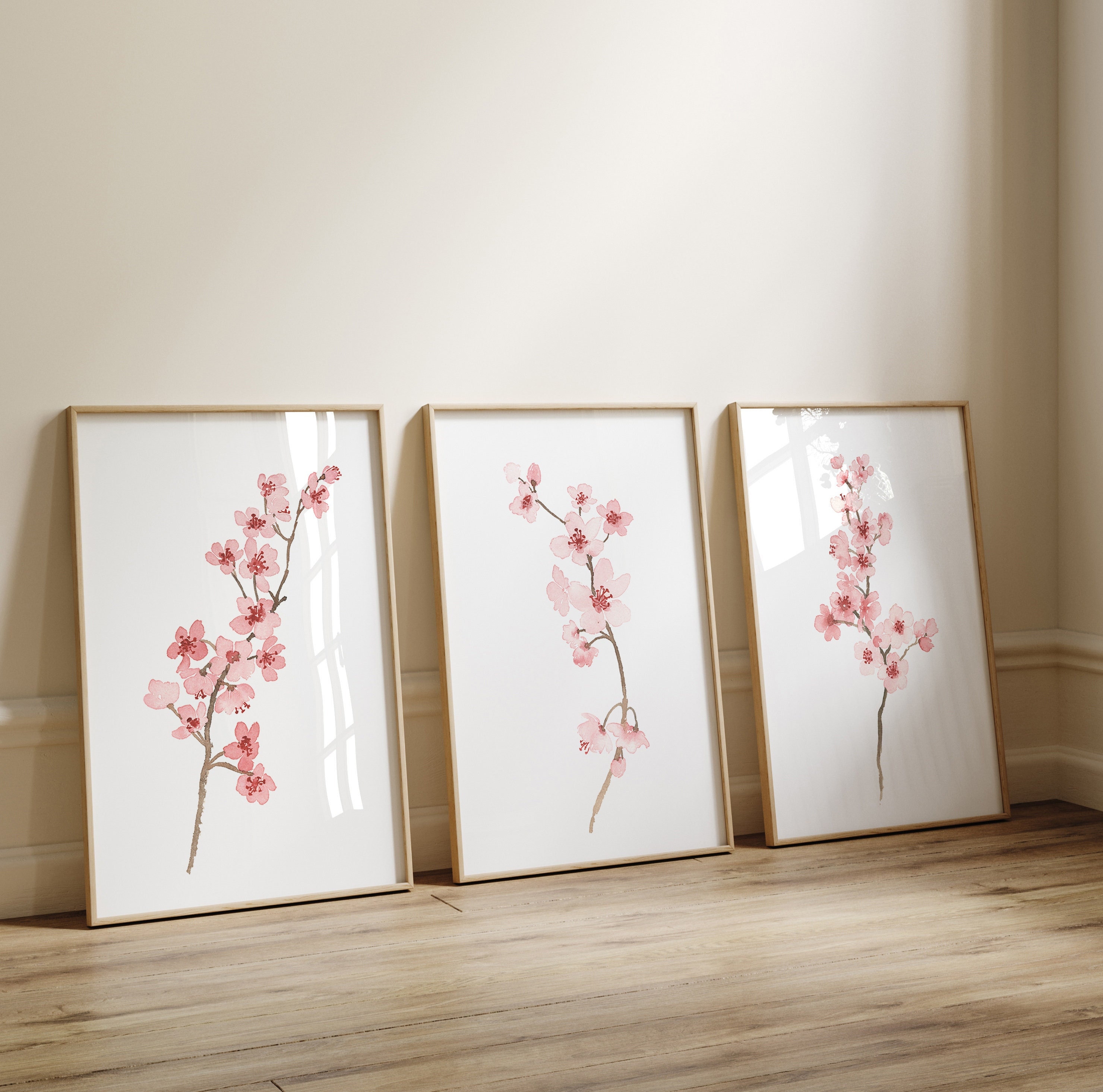 Cherry Blossom Illustration Blush Pink Cherry Branch Flowers Wall Art ...
