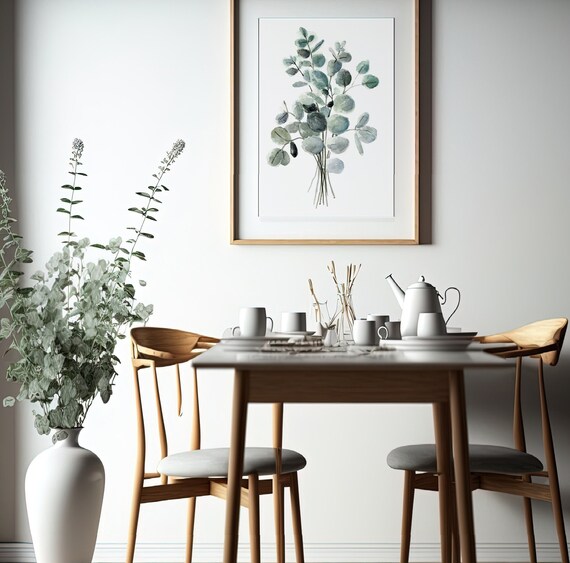 Eucalyptus Watercolor, Green Leaf Painting, Kitchen Bundle Decor, Silver Dollar Wall Art, Minimalist Home Decor, Botanical Living Room Print