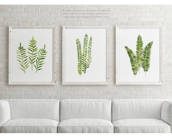 Canvas Fern Print Wall Art set 3 Ferns Living Room Botanical Leaf Wall Decor, Light Green Leaves Large Paintings Three Plant Art Prints